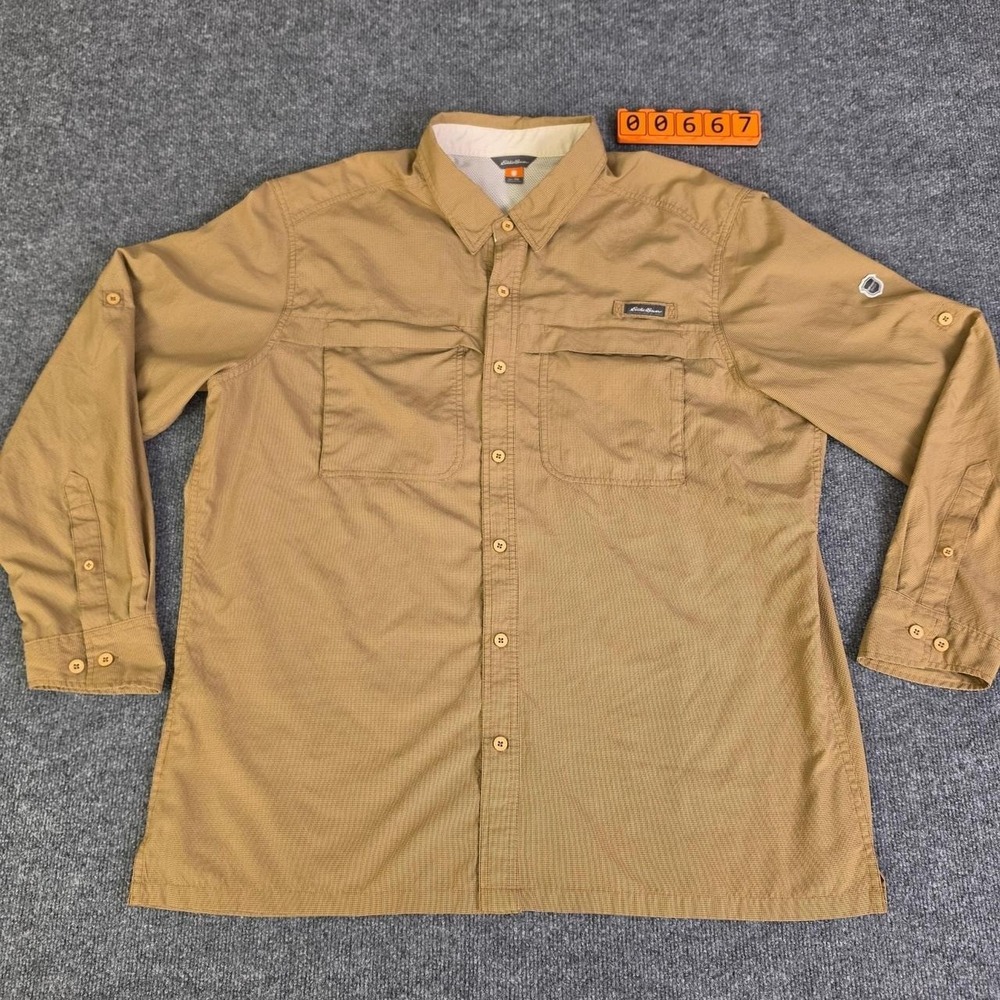 Eddie Bauer Men's Long Sleeve Button Up Shirt Tan,Vented Back ,With Pockets 2XL